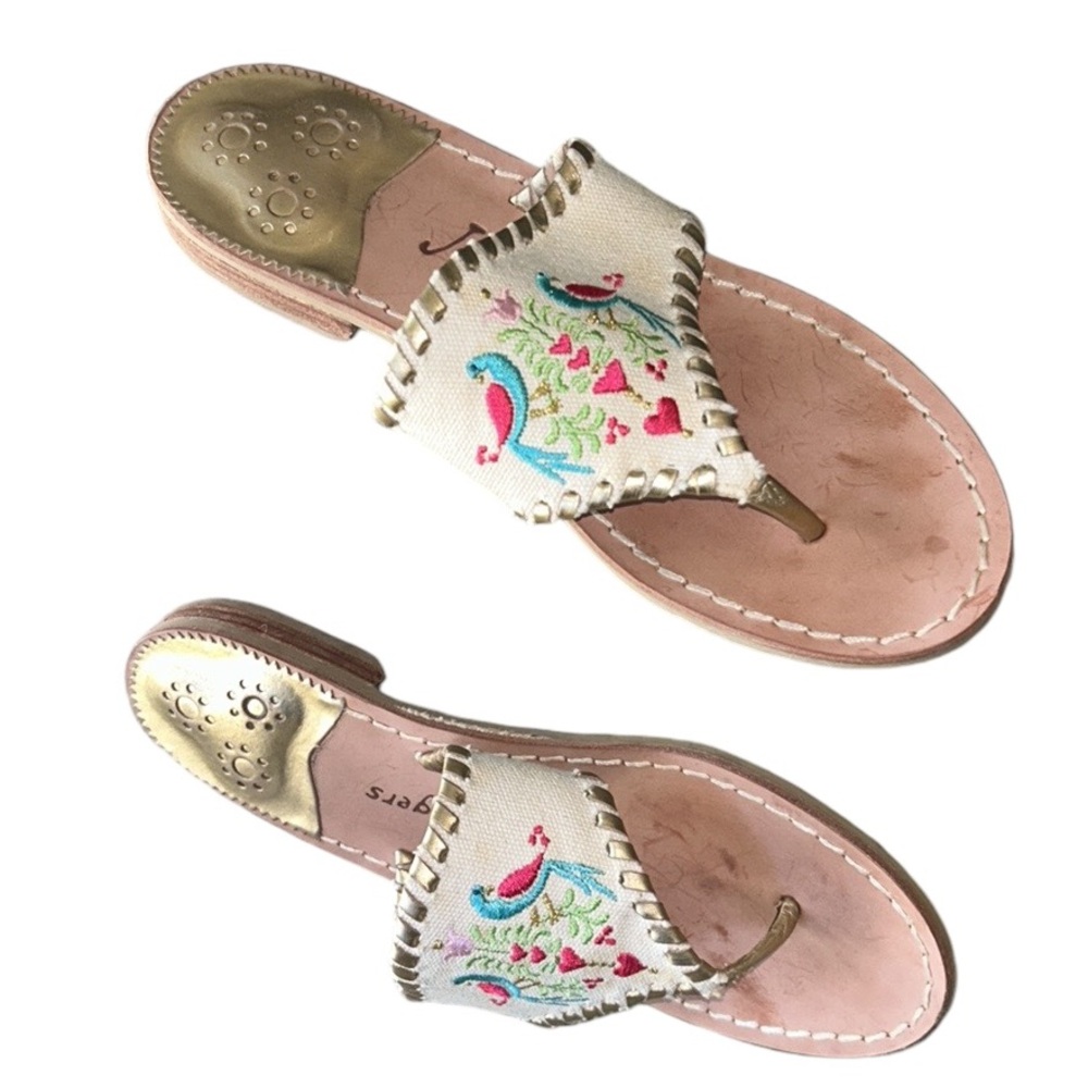 Jack Rogers Embroidered Bird Parrot Ivory Metallic Gold Sandals - 7